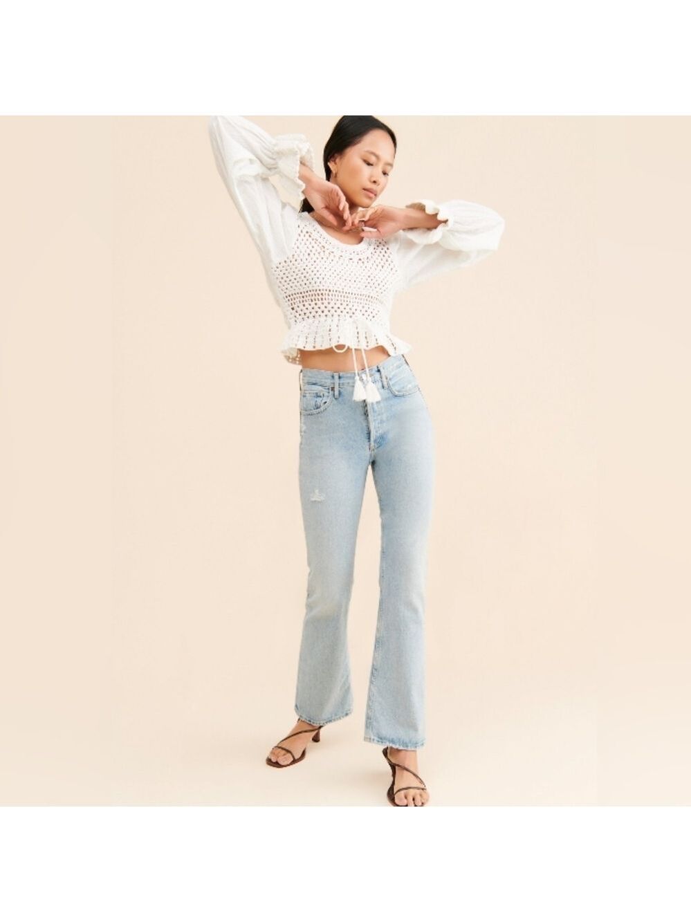 NWT $128 - Free People Megan Scoop Neck Long Puff Sleeve Crochet Top - Multiples